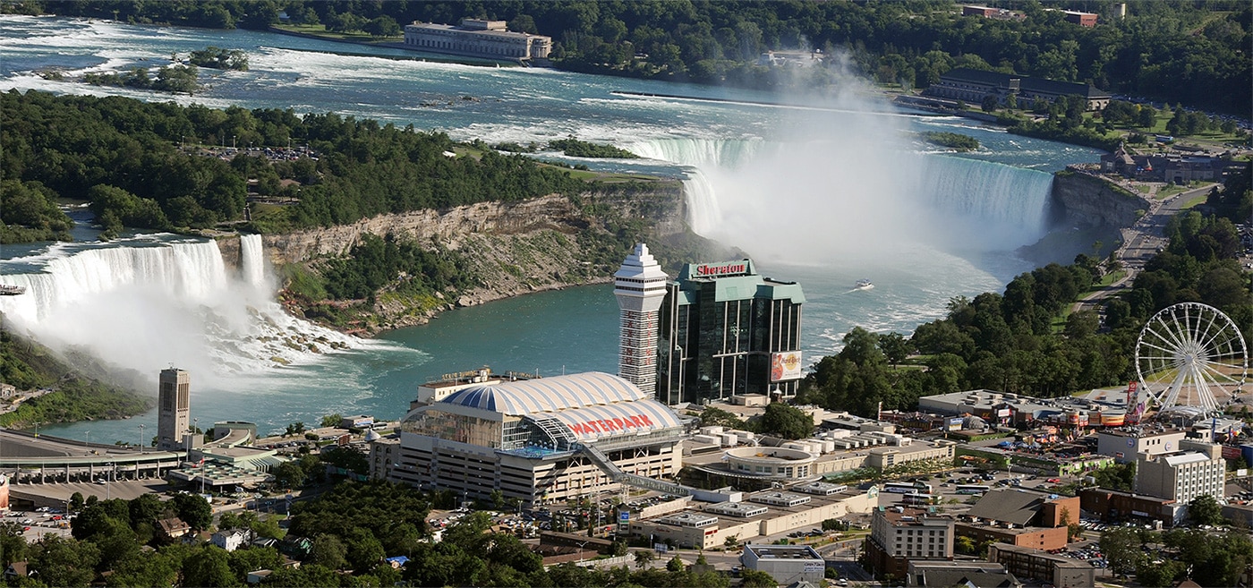 Falls Avenue Resort from the air with Niagara Falls in the background
